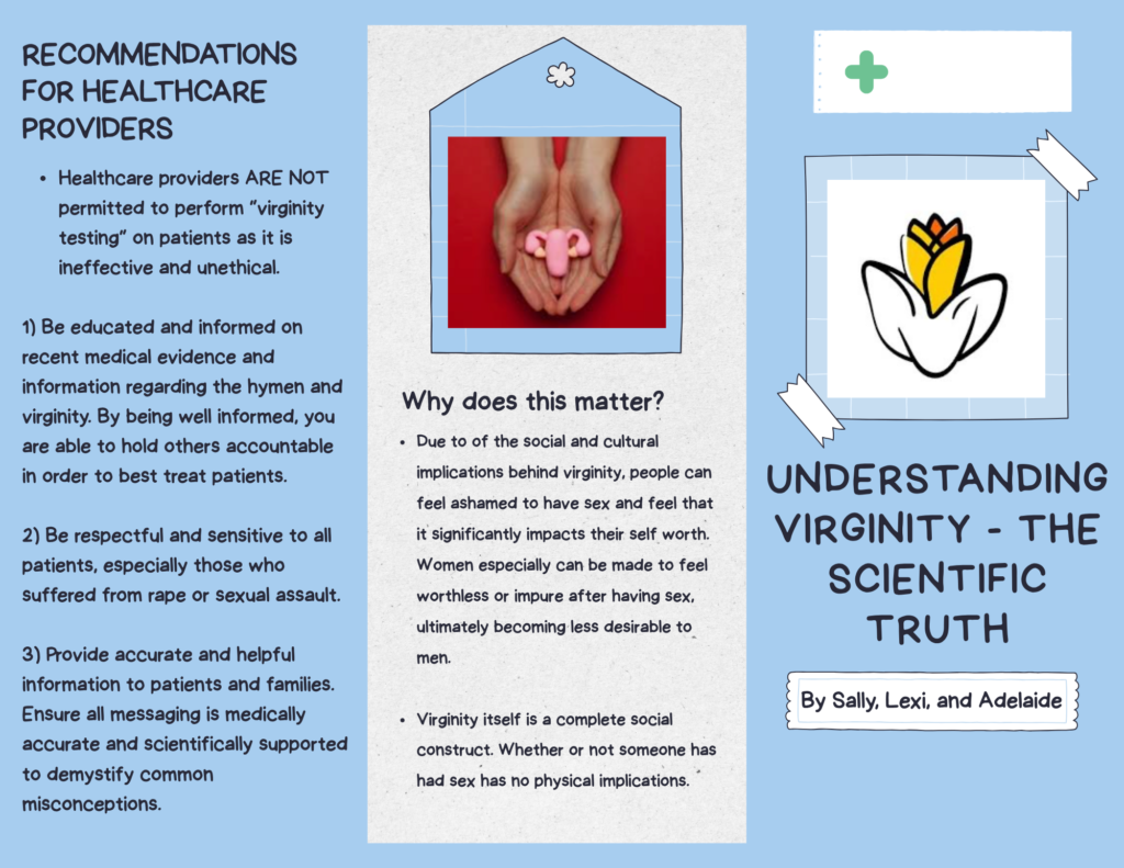 The exterior layout of a three-panel educational brochure with a light blue background. The rightmost panel serves as the cover, featuring a stylized illustration of a white flower with a yellow and orange bud taped to a grid-patterned square. Below the graphic, bold black text reads "UNDERSTANDING VIRGINITY - THE SCIENTIFIC TRUTH," followed by a small decorative label reading "By Sally, Lexi, and Adelaide."
Center Panel: Cultural Impact
The middle panel features a light gray textured column designed to look like a house shape with a small white flower icon at its peak. Inside is a photo of a pair of hands cupping a small, pink clay model of a uterus against a vibrant red background. Below the image, the section "Why does this matter?" explains that societal pressures surrounding virginity can cause shame and impact self-worth, concluding that virginity is a social construct with no physical implications.
Left Panel: Provider Guidelines
The left panel is titled "RECOMMENDATIONS FOR HEALTHCARE PROVIDERS." It states that providers are not permitted to perform "virginity testing" because it is ineffective and unethical. It includes a numbered list advising professionals to stay informed on medical evidence regarding the hymen, remain sensitive to survivors of sexual assault, and provide scientifically accurate information to demystify common misconceptions.