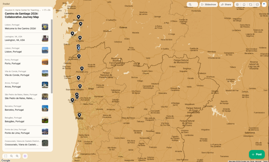 Screenshot of a Padlet map titled “Camino de Santiago 2026: Collaborative Journey Map,” showing northern Portugal and northwestern Spain. The map is marked with multiple location pins along the Camino route, including Porto, Vila do Conde, Barcelos, Ponte de Lima, and areas near the Spanish border. A sidebar on the left lists locations with small thumbnail images, while the map itself displays roads, towns, and geographic features in a warm-toned style.